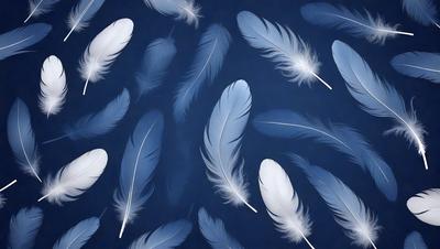 The primary subject of the image is a pattern of white feathers, which are the primary objects in the scene. The setting is a blue background, which creates a contrasting and visually appealing environment. The visual style of the image is a combination of photo and digital art, as it appears to be a close-up of the feathers against a blue background. The colors and mood of the image are predominantly blue and white, giving it a calm and serene atmosphere.