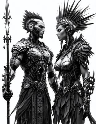The primary subject of the image is a man and a woman, both dressed in costumes and standing next to each other. The man is wearing a helmet and holding a staff, while the woman is wearing a headdress. The setting appears to be a fantasy or sci-fi environment, as the man and woman are dressed in costumes that suggest a futuristic or mythical theme. The visual style of the image is digital art, as it is a black and white drawing of the man and woman. The overall atmosphere