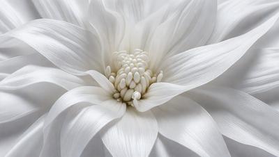The primary subject of the image is a white flower with a large, round center. The setting is a white background, which highlights the flower's beauty. The visual style is a close-up of the flower, showcasing its details. The colors and mood of the image are predominantly white, creating a serene and peaceful atmosphere.