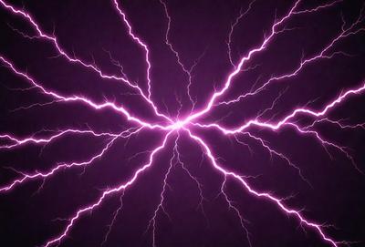 The primary subject of the image is a purple lightning bolt, which is the main object, scene, or focus of the image. The setting is a dark background, and the visual style is a photo. The dominant colors are purple and pink, creating a dramatic and intense atmosphere.
