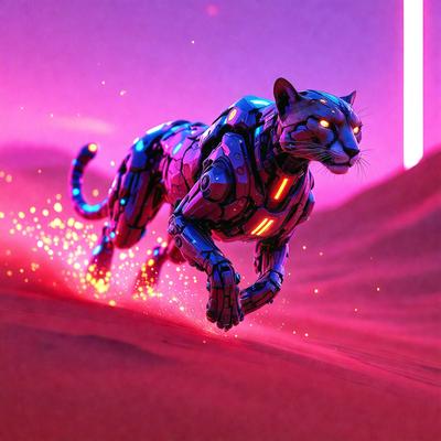The primary subject of the image is a cat, which is depicted as a robot or a futuristic creature. The cat is running across a desert-like surface, with a pinkish hue to the environment. The visual style of the image is a combination of photo and digital art, creating a unique and futuristic scene. The colors and mood of the image are predominantly pink, giving it a warm and vibrant atmosphere.