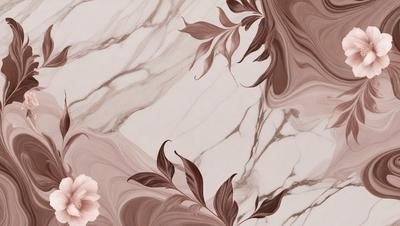 The primary subject of the image is a marble surface with a pattern of leaves and flowers. The setting is a room with a marble wall, and the visual style is a combination of digital art and illustration. The dominant colors are brown and white, creating a warm and natural atmosphere.