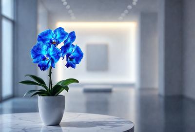 The primary subject of the image is a white vase filled with blue flowers, placed on a white table. The setting is a white room with a white floor, creating a clean and minimalistic atmosphere. The visual style is a photo, capturing the beauty of the flowers and the vase. The colors and mood of the image are predominantly white, giving it a calm and serene appearance.