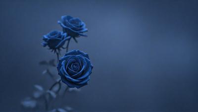 The primary subject of the image is a group of three blue roses. They are placed against a dark blue background, which creates a striking contrast with the vibrant color of the flowers. The visual style of the image is a close-up of the flowers, emphasizing their beauty and details. The overall atmosphere of the image is serene and elegant, with the blue roses serving as the focal point.