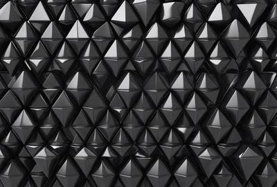 The primary subject of the image is a black and white patterned wall. The setting is a black background, and the visual style is a patterned wallpaper. The dominant colors are black and white, creating a bold and striking atmosphere.