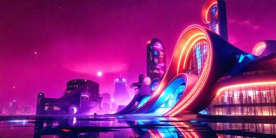 The primary subject of the image is a futuristic cityscape with a large, curved building that resembles a spaceship. The setting is a pink sky, which adds a unique and vibrant atmosphere to the scene. The visual style appears to be a combination of digital art and illustration, creating a surreal and imaginative environment. The colors and mood of the image are predominantly pink, which gives it a dreamy and whimsical feel.