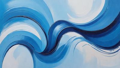 The primary subject of the image is a blue and white painting of a wave. The setting is a white background, and the visual style appears to be a digital art or illustration. The dominant colors in the painting are blue and white, creating a calming and serene atmosphere.
