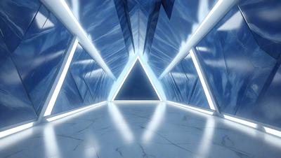 The primary subject of the image is a large, open, and brightly lit room with a blue and white color scheme. The room features a marble floor and is illuminated by a series of lights, creating a visually striking and inviting atmosphere. The setting appears to be a modern and contemporary space, possibly a lobby or a large room with a unique design. The visual style of the image is a combination of photo and digital art, creating a realistic yet artistic representation of the space.