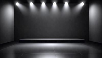 The primary subject of the image is a stage with a black background. The setting is a theater or a stage, and the visual style is a photo. The colors and mood of the image are predominantly dark, with the black background and the lights creating a dramatic atmosphere.