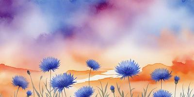 The primary subject of the image is a field of purple flowers, with a few blue flowers mixed in. The setting is a beautiful sunset, creating a serene and peaceful atmosphere. The visual style is a painting, with the artist's brushstrokes visible in the composition. The colors and mood of the image are predominantly purple and blue, evoking a sense of calmness and tranquility.