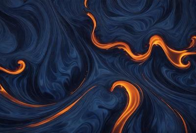 The primary subject of the image is a blue and orange swirling pattern, which appears to be a digital art or illustration. The setting is a dark blue background, and the visual style gives the impression of a painting or a textured surface. The dominant colors are blue and orange, creating a vibrant and dynamic atmosphere.