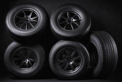 The primary subject of the image is a set of six black tires, arranged in a row. The setting is a dark room, with the tires being the main focus of the image. The visual style is a black and white photo, which adds a sense of drama and contrast to the scene. The colors and mood of the image are predominantly dark and moody, with the black tires standing out against the dark background.