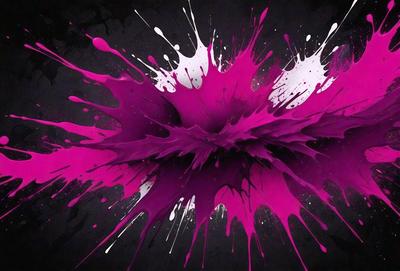 The primary subject of the image is a large, pink, splattered blob that appears to be a painting or a digital artwork. The blob is the main focus of the image, and it is set against a black background. The visual style of the image is a mix of photo and digital art, creating a unique and eye-catching piece. The dominant colors in the image are pink and black, giving the artwork a bold and vibrant appearance.