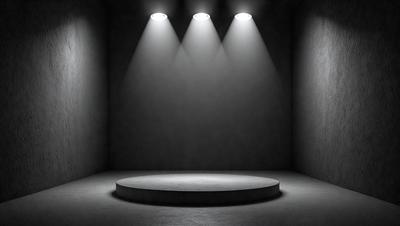 The primary subject of the image is a light source, which is shining brightly in a dark room. The setting is a large, empty room with a white surface. The visual style is a black and white photo, giving the image a classic and dramatic feel. The colors and mood are predominantly dark, with the light source being the only source of illumination in the scene.