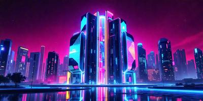 The primary subject of the image is a large, colorful building with a futuristic design. The building is illuminated with neon lights, creating a vibrant and lively atmosphere. The setting is a cityscape, with other buildings visible in the background. The visual style of the image is a combination of photo and digital art, creating a unique and eye-catching scene. The colors and mood of the image are predominantly pink and blue, giving it a bright and energetic feel.