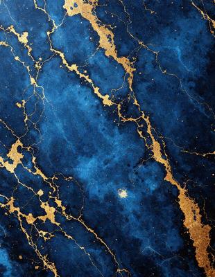 The primary subject of the image is a blue and gold marbled wallpaper. The setting is a room with a blue and gold marbled wallpapered wall. The visual style is a close-up of the wallpaper, showcasing the intricate design. The colors and mood of the image are predominantly blue and gold, creating a luxurious and elegant atmosphere.