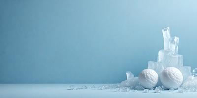 The primary subject of the image is a white ball, which is placed on a blue surface. The setting appears to be a room with a blue wall, and the visual style is a photo. The colors in the image are predominantly blue and white, creating a calm and serene atmosphere.