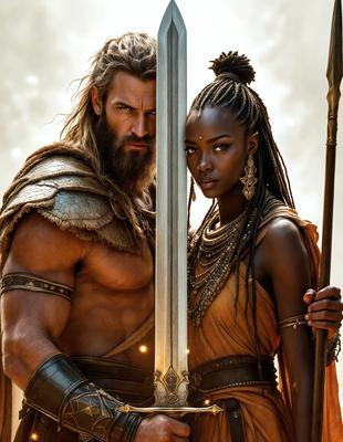 The primary subject of the image is a man and a woman standing next to each other. The man is wearing a beard and has a sword in his hand. The woman is wearing a necklace and has a shield in her hand. The setting appears to be a fantasy or mythical world, as the man is holding a sword and the woman has a shield. The visual style of the image is a combination of photo and digital art, creating a unique and captivating scene. The colors and mood of the image are