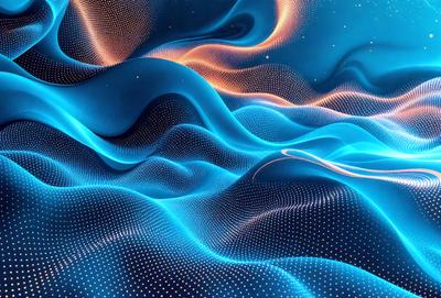 The primary subject of the image is a blue and orange ocean scene with waves. The setting is a digital artwork, featuring a blue background with a pattern of blue dots. The visual style is a combination of photo and digital art, creating a vibrant and dynamic atmosphere. The dominant colors are blue and orange, with the blue dots adding a unique texture to the scene.
