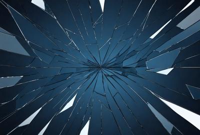 The primary subject of the image is a large, circular, shattered glass piece. The setting is a dark, blue background, which contrasts with the shattered glass. The visual style is a close-up of the shattered glass, showcasing its intricate and artistic nature. The colors and mood of the image are predominantly dark and moody, with the shattered glass being the focal point and the blue background providing a sense of depth and contrast.
