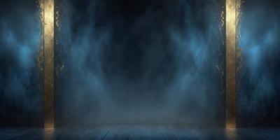 The primary subject of the image is a blue background with a black and white drawing of a doorway. The setting is a dark room with a wooden floor. The visual style is a combination of digital art and drawing, creating a moody atmosphere. The dominant colors are blue and black, with the black and white drawing adding contrast to the overall scene.