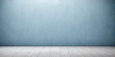 The primary subject of the image is a blue wall with a white wooden floor. The setting is a room with a blue wall, and the visual style is a photo. The dominant colors are blue and white, creating a calm and serene atmosphere.