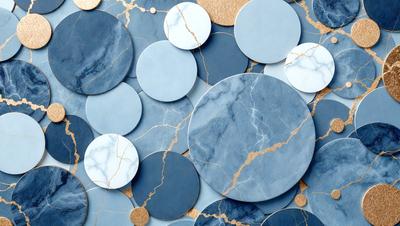 The primary subject of the image is a collection of round, blue and white marble tiles. These tiles are arranged in a visually appealing manner, creating a striking pattern. The setting is a blue wall, which serves as the backdrop for the tiles. The visual style of the image is a combination of photo and digital art, as it appears to be a photograph of a digital artwork. The dominant colors in the image are blue and white, giving the scene a clean and elegant appearance.
