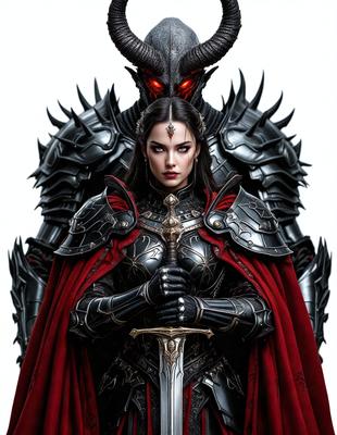 The primary subject of the image is a woman dressed in medieval armor, holding a sword. She is standing next to a demon or a devil-like creature, which is also holding a sword. The setting appears to be a fantasy or medieval-themed environment. The visual style of the image is digital art, as it is a detailed and well-rendered illustration. The dominant colors in the image are red and black, which contribute to the dramatic and intense atmosphere.