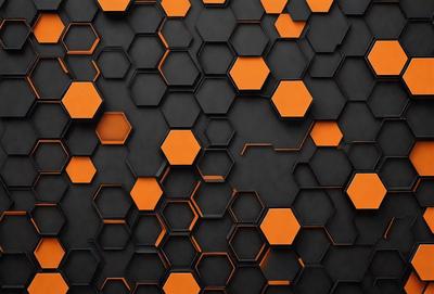 The primary subject of the image is a pattern of orange hexagons on a black background. The setting appears to be a wall or a surface with a black background, which contrasts with the orange hexagons. The visual style of the image is a combination of digital art and illustration, creating a unique and eye-catching design. The dominant colors in the image are orange and black, giving it a bold and vibrant appearance.
