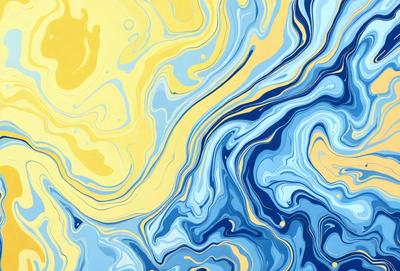 The primary subject of the image is a blue and yellow swirling pattern, which appears to be a painting or a digital artwork. The setting is a blue and yellow background, creating a vibrant and lively atmosphere. The visual style is a mix of digital art and painting, with the swirling pattern resembling a watercolor painting. The colors and mood of the image are energetic and dynamic, with the blue and yellow hues evoking a sense of movement and flow.