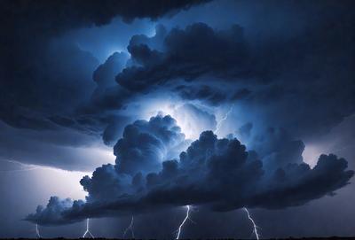 Primary subject: A cloudy sky with lightning bolts.

Setting/background: The sky is filled with dark clouds, and there is a field visible in the background.

Visual style: The image is a photo of the sky with lightning bolts.

Colors and mood: The sky is dark and cloudy, with the lightning bolts adding a dramatic and intense atmosphere.