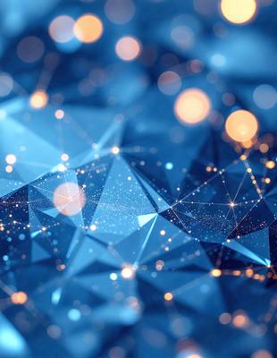 The primary subject of the image is a blue background with a pattern of bright, glowing lights. The setting appears to be a futuristic or digital environment. The visual style is a combination of digital art and illustration, creating a vibrant and dynamic scene. The colors and mood are predominantly blue and bright, giving the image a sense of energy and excitement.