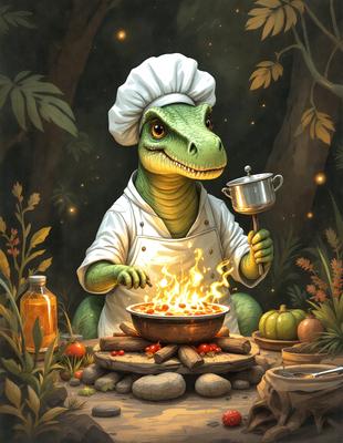 The image features a cartoon illustration of a chef, specifically a dinosaur, cooking food in a pot. The chef is wearing a chef's hat and is surrounded by various food items, including apples, oranges, and broccoli. The scene is set in a forest, with trees visible in the background. The overall atmosphere is light-hearted and fun, as the dinosaur chef is depicted in a whimsical and imaginative way.