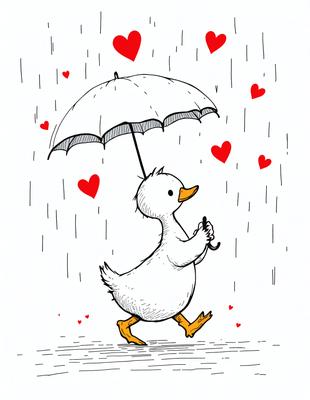 The primary subject of the image is a duck walking in the rain while holding an umbrella. The setting is a rainy day, and the visual style is a hand-drawn illustration. The colors are predominantly shades of gray and black, creating a moody atmosphere.