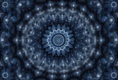 The primary subject of the image is a blue and white flower, which is the main object, scene, or focus of the image. The setting or background features a blue and white spiral pattern, which adds to the visual style of the image. The colors and mood of the image are predominantly blue and white, creating a calm and serene atmosphere.