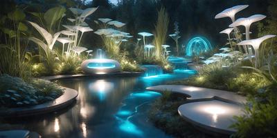 The primary subject of the image is a beautifully lit garden with a blue water feature. The setting is a lush, green environment with a variety of plants and flowers. The visual style is a combination of photo and digital art, creating a surreal and serene atmosphere. The colors and mood are predominantly blue, with a touch of green, which adds to the calming and peaceful ambiance of the scene.