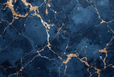 The primary subject of the image is a blue marble wall with gold veins. The setting is a room with a blue background. The visual style is a close-up of the marble wall, showcasing its unique texture and design. The colors and mood of the image are predominantly blue and gold, creating a sense of elegance and sophistication.