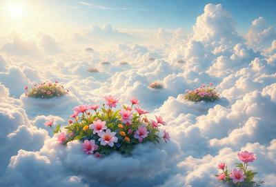 Primary subject: Flowers in a cloudy sky
Setting/background: A cloudy sky with fluffy white clouds
Visual style: Digital art
Colors and mood: The image is colorful and has a whimsical, dreamy atmosphere.