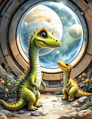The primary subject of the image is a pair of dinosaurs, specifically two small green and yellow alligator-like creatures. They are standing next to each other, possibly in a zoo or a similar environment. The setting is a room with a large window, which provides a backdrop for the dinosaurs. The visual style of the image is a digital art or illustration, giving the scene a vibrant and lively atmosphere. The colors and mood of the image are predominantly green and yellow, with a