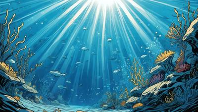 The primary subject of the image is a vibrant underwater scene filled with various fish and coral. The setting is a blue ocean with sunlight shining through, creating a lively atmosphere. The visual style is a digital art or illustration, showcasing the artist's creativity and attention to detail. The colors and mood are bright and cheerful, with the sunlight and colorful fish creating a sense of wonder and excitement.