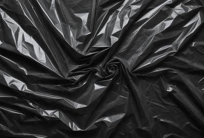 The primary subject of the image is a black plastic bag. The setting is a dark room, and the visual style is a close-up of the plastic bag. The colors and mood of the image are predominantly dark and moody, with the black plastic bag being the main focus.