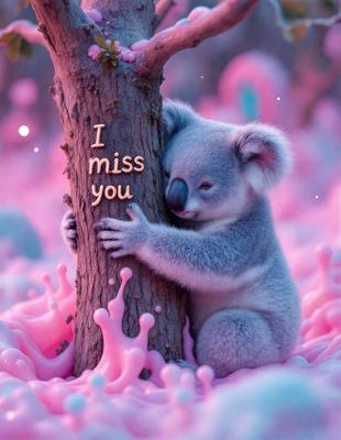 The primary subject of the image is a koala bear. The koala is holding onto a tree, with the words "I miss you" written on the tree. The setting is a pink background, which adds a playful and whimsical touch to the scene. The visual style is a combination of photo and digital art, creating a unique and creative representation of the koala and its message. The colors and mood of the image are predominantly pink, which adds a sense of warmth and affection to the scene
