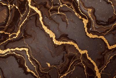 The primary subject of the image is a marbled surface with gold streaks. The setting is a dark background, and the visual style appears to be a combination of a photo and digital art. The colors and mood of the image are predominantly dark, with the gold streaks adding a touch of warmth and elegance.