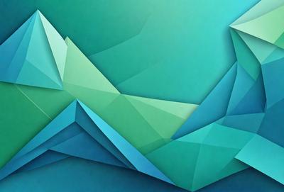 The primary subject of the image is a blue and green geometric design. The setting is a blue background, and the visual style is digital art. The dominant colors are blue and green, creating a calm and soothing atmosphere.