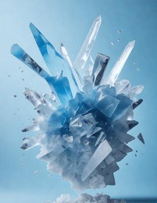 The primary subject of the image is a large, blue crystal. The setting is a blue background, which creates a striking contrast with the crystal. The visual style is a close-up of the crystal, showcasing its unique and intricate structure. The colors and mood of the image are predominantly blue, giving it a calm and serene atmosphere.