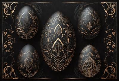 The primary subject of the image is a collection of six decorative eggs, each featuring intricate designs and patterns. The setting is a dark background, which contrasts with the vibrant colors and patterns of the eggs. The visual style is a combination of digital art and illustration, creating a unique and eye-catching display. The colors and mood of the image are lively and artistic, with the eggs serving as the focal point and the dark background providing a dramatic contrast.