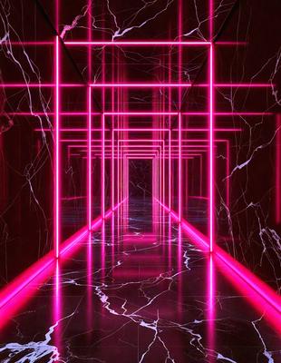 The primary subject of the image is a long, narrow hallway with a pink lighting effect. The setting is a dark room with a marble floor, and the visual style appears to be a combination of a photo and digital art. The colors and mood of the image are predominantly pink, creating a unique and striking atmosphere.