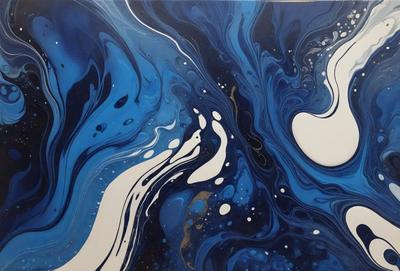 The primary subject of the image is a painting featuring a blue background with white and blue swirls. The setting is a canvas, and the visual style is a painting. The dominant colors are blue and white, creating a calming and serene atmosphere.