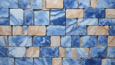 The primary subject of the image is a blue and white tile wall. The setting is a room with a blue and white tile wall, which serves as the background. The visual style is a photo, showcasing the blue and white tiles on the wall. The colors and mood of the image are predominantly blue and white, creating a clean and modern atmosphere.