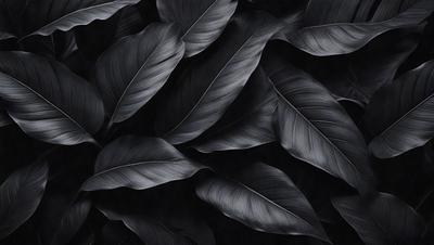 The primary subject of the image is a close-up of a large leaf, possibly a fern, with a black and white color scheme. The leaf is the main focus of the image, and it appears to be a natural, organic element. The setting is a dark background, which contrasts with the leaf, creating a dramatic and moody atmosphere. The visual style of the image is a black and white photograph, which adds to the overall mood and emphasizes the contrast between the leaf and the background.